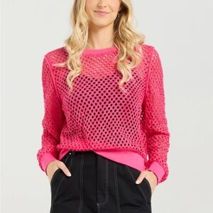 Vibrant Hot Pink Mesh Sweater with shoulder pads